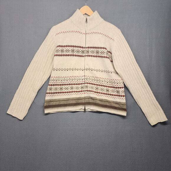 Eddie Bauer Sweater Womens Large Oatmeal Fair Isle Zip Lambswool Willow Peak Vtg - Picture 1 of 7